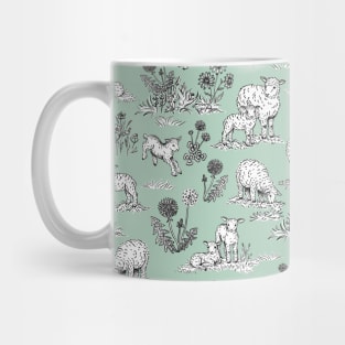 Sheep and Lambs on a Pasture Toile de Jouy (Pale Green) Mug